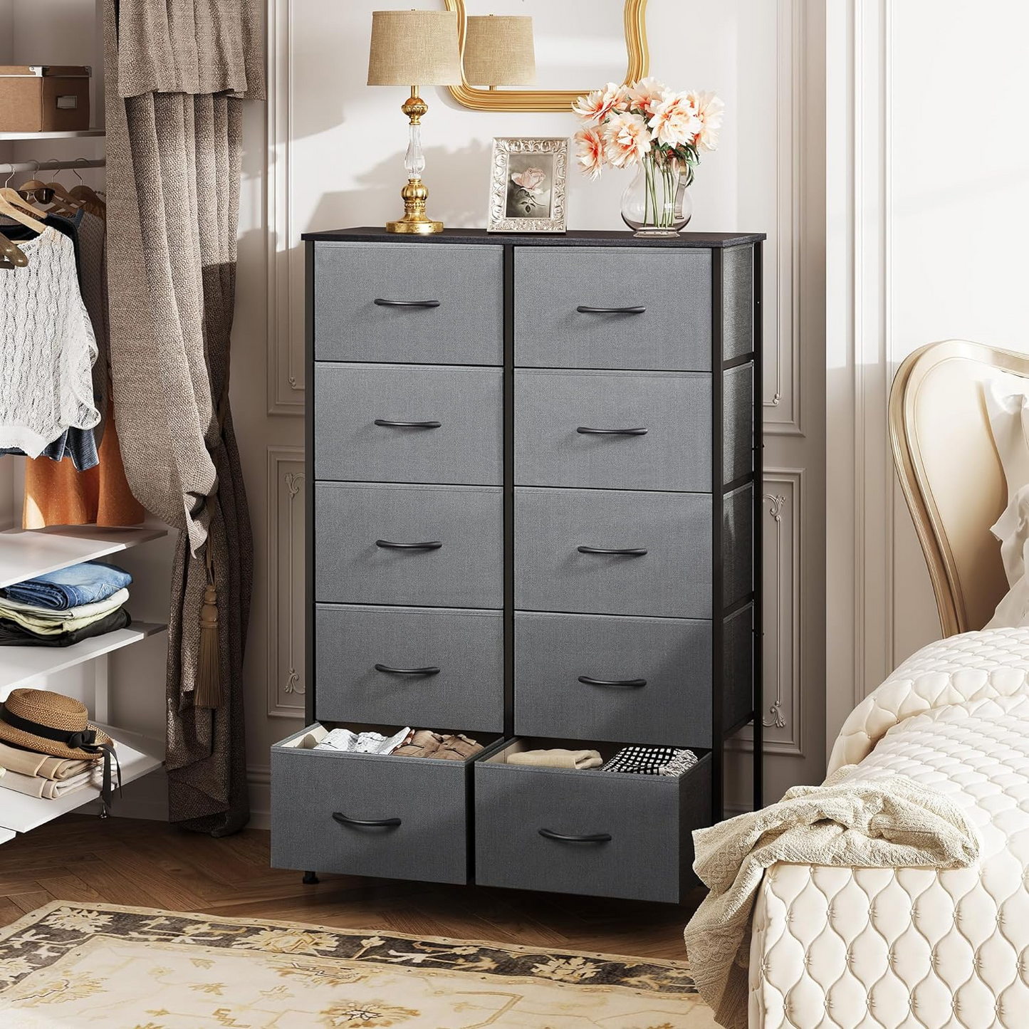 Dresser with 10 Drawers for Bedroom | Grey from AHF Depot - Grey 10 drawer dresser in a modern light tone bedroom setting.